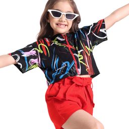 Ollington St. 100% Cotton Knit Half Drop Shoulder Sleeves Printed Top & Shorts Set - Black & Red-image-33
