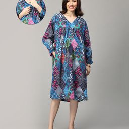 The Mom Store Cotton Full Sleeves Floral & Paisleys Printed Maternity Dress With Nursing Access - Multi Colour-image-23