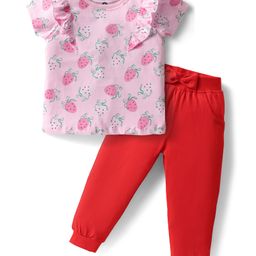 Doodle Poodle 100% Cotton Single Jersey Knit Half Sleeves T-Shirt & Lounge Pant Set With Tropical Theme Print - Pink & Red-image-74