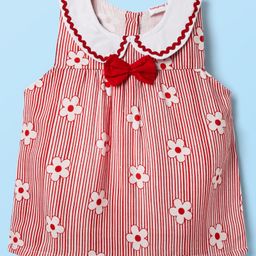 Babyhug Rayon Woven Sleeveless Striped Peter Pan Collared Top with Bow Applique & Floral Print - Red-image-61