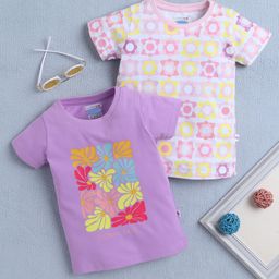 BUMZEE Cotton Pack Of 2 Half Slevees Floral Printed Tees - Lavender & Multi Colour-picture-48