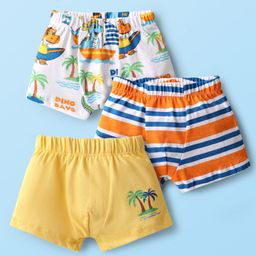 Babyhug 100% Cotton Knit Antibacterial Striped & Dino Printed Trunks Pack of 3 - Yellow Orange & White-image-53