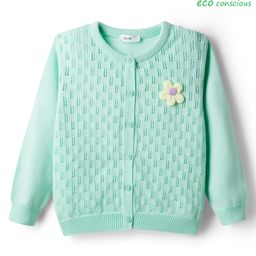 Babyoye 100% Cotton Knit Full Sleeves Front Open Sweater With Floral Applique - Sea Green-picture-48