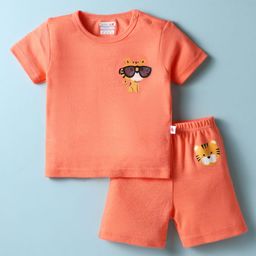 BUMZEE Cotton Knit Half Sleeves T-Shirt & Short Set with Tiger Print -Coral-image-17