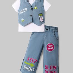 OLLINGTON ST. Denim Sleeveless Waist-coat & Loose Pants With Inner Knit Top Set - White & Blue-image-70