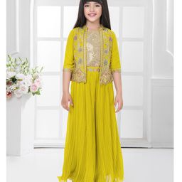 Betty By Tiny Kingdom Georgette Woven Sequins Embellished Top & Palazzo With Three Fourth Sleeves Floral Embroidered Jacket Set - Yellow-image-66