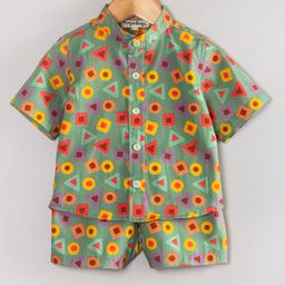 Hugsntugs Cottton Woven Half Sleeves Geometric Printed Coordinating Mandarin Collar Shirt & Shorts Set - Green-image-1