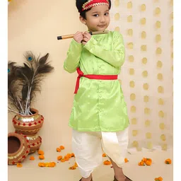 BownBee Taffeta Woven Janmashtami Theme Full Sleeves Lord Krishna Costume Set - Green-picture-9