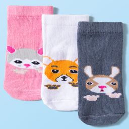 Cute Walk by Babyhug Knit Anti Bacterial Ankle Length Socks With Animal Design Pack of 3 - Multicolor-picture-48