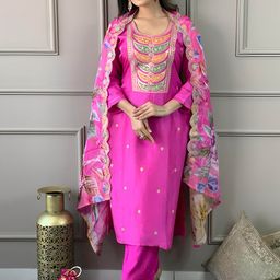 Divyadham Textiles Women Ethnic Motifs Embroidered Regular Thread Work Chanderi Silk Kurta with Pyjamas &-picture-18