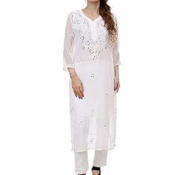 BEAUTY CHIKAN HANDICRAFTS Floral Embroidered V-Neck Mirror Work Georgette Kurta-image-76