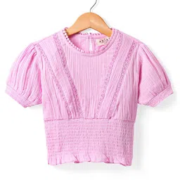ARIAS By LARA DUTTA Girls Round Neck Puff Sleeves Lace Inserts & Smocked Details Top-image-83