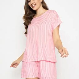 Clovia Peach Rayon Regular Fit Stripes Sleepwear  Robes-picture-4