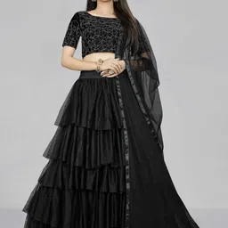 DIVASTRI Geometric Printed Net Semi-Stitched Lehenga & Unstitched Blouse With Dupatta-picture-1