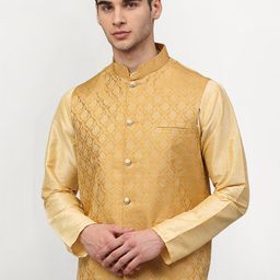 Jompers Men Gold-Coloured Woven-Design Nehru Jacket-55