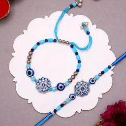 Aapno Rajasthan Blue Artisanal Bhaiya Bhabhi Evil Eye Casual Rakhi with Roli Chawal & Greetings Card-picture-37