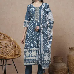 FASHOR Women Geometric Printed Cotton Kurta with Trousers & Dupatta-image-60