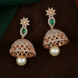 Estele Rose Gold-Plated CZ Design Jaliwala Pearl & Emerald Crystals Jhumki Earrings image 1