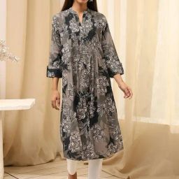 Biba Charcoal Straight Fit Floral Print Kurta-picture-47