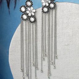 Karatcart Oxidized Silver Black Ball Studded Kundan Tassel Dangler Earrings for Women-23