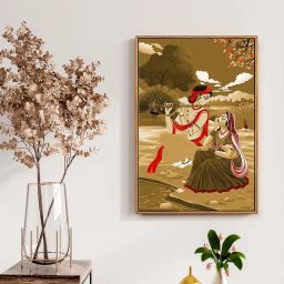 999Store Multicolor Canvas Lord Krishna Playing Flute With Mirabai Painting Floating Frame image 1