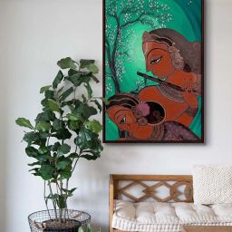 999Store Green Canvas Radha Krishna Playing Flute Canvas Painting With Frame image 1