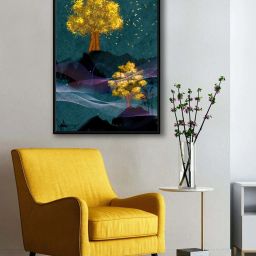 999Store Multicolor Canvas Golden Tree Flying Birds With Abstract Line Canvas Painting image 1