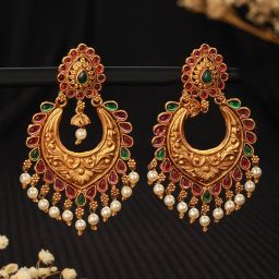 Aatmana Gold-Plated Green & Pink Crescent Shaped Chand Bali Earrings for Women image 1
