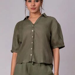 Zebein India Olive Green Viva La Frida Sunshine Linen Shirt-image-73