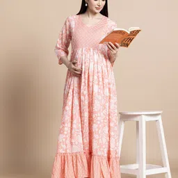 Gujari Floral Print Maternity Cotton Fit & Flare Maxi Dress-picture-38
