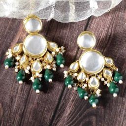 Karatcart Gold-Plated Polki Kundan Green Beads Dangler Earrings for Women-image-80
