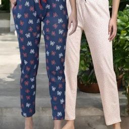 Kryptic White & Navy Cotton Relaxed Fit Printed Lounge Pant - Pack of 2-image-3