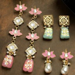 Karatcart Gold-Plated Pink Meena Lotus Design Kundan Drop Earrings for Women - Set of 3-0