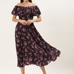U&F Maroon Floral Off-Shoulder Crepe Midi Dress-image-85