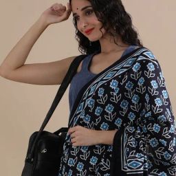 Jaipur Kurti Navy Blue Mulmul Cotton Regular Fit Print Saree-picture-16