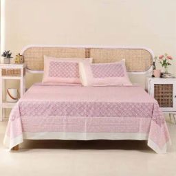 Peepul Tree Pink & White Cotton 280 TC Double Bedsheet with 2 Pillow Covers-image-40