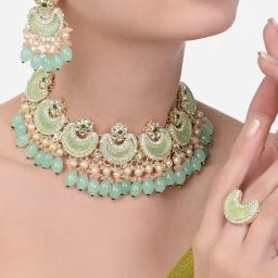 Zaveri Pearls Green Peach Stones & Beads Crescent Choker Necklace Earring & Ring Set-ZPFK15654-6