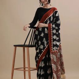 Jaipur Kurti Black Mulmul Cotton Regular Fit Print Saree-image-59