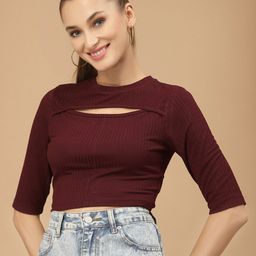 KASSUALLY Solid Round Neck Regular Crop Top-image-38