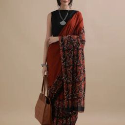Jaipur Kurti Rust Mulmul Cotton Regular Fit Print Saree-picture-38