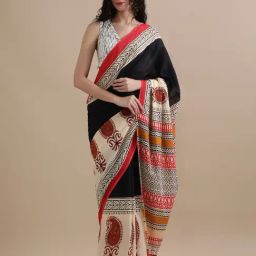Jaipur Kurti Black Mulmul Cotton Regular Fit Print Saree-65