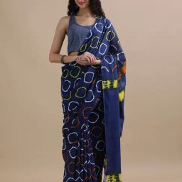 Jaipur Kurti Navy Blue Mulmul Cotton Regular Fit Print Saree-image-53