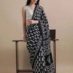 Jaipur Kurti Black Mulmul Cotton Regular Fit Print Saree-3