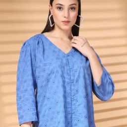 Melon By plusS Blue Cotton Plain Top-picture-10