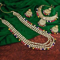 Peora Gold-Plated Kundan Beads Bridal Choker Long Necklace Earrings Maangtikka Wedding Jewellery Set-image-31