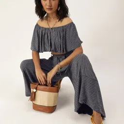 QUIERO Navy Blue & Grey Off-Shoulder Striped Two-Piece with Layered Details-picture-47