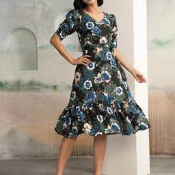 DressBerry Women Floral Print Puff Sleeve Fit & Flare Midi Dress-image-79