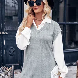 StyleCast Grey Striped V-Neck Pullover Sweater-image-81