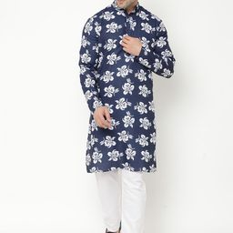Hangup Men Navy Blue & White Floral Printed Kurta with Pyjamas-25