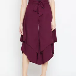 Bitterlime Women Burgundy Solid Flared Palazzos-image-2